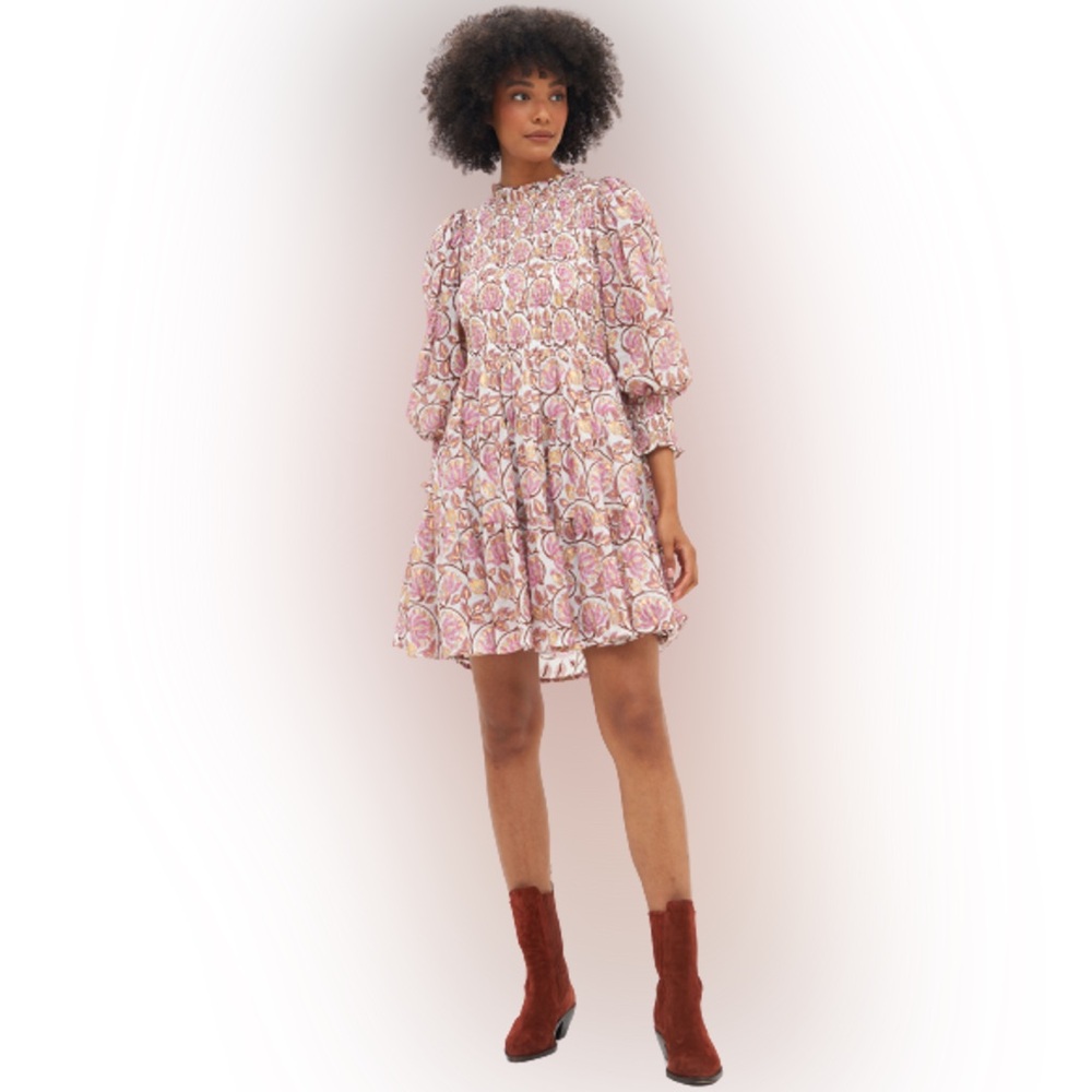 Oliphant Smocked Flirty 3/4 Sleeve Dress, Pink Montenegro XS